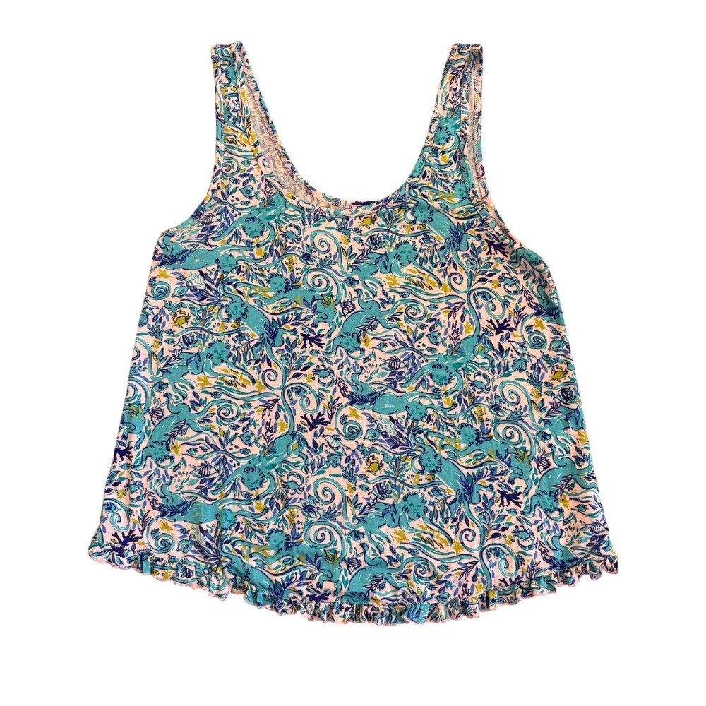 Lilly Pulitzer Womens Med Blue Green Sea Life Print Ruffle Hem Tank Top Coastal‎